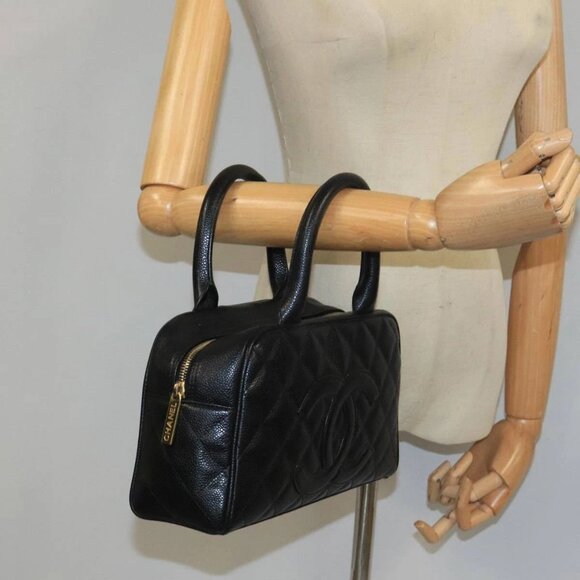 CHANEL Matelasse Hand Bag Grained Calf Skin Black CC Auth - Picture 1 of 16